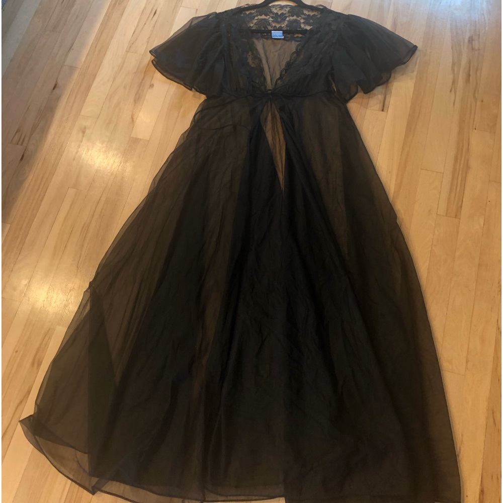 Vintage Val Mode Sheer Peignoir medium lace sheer black robe